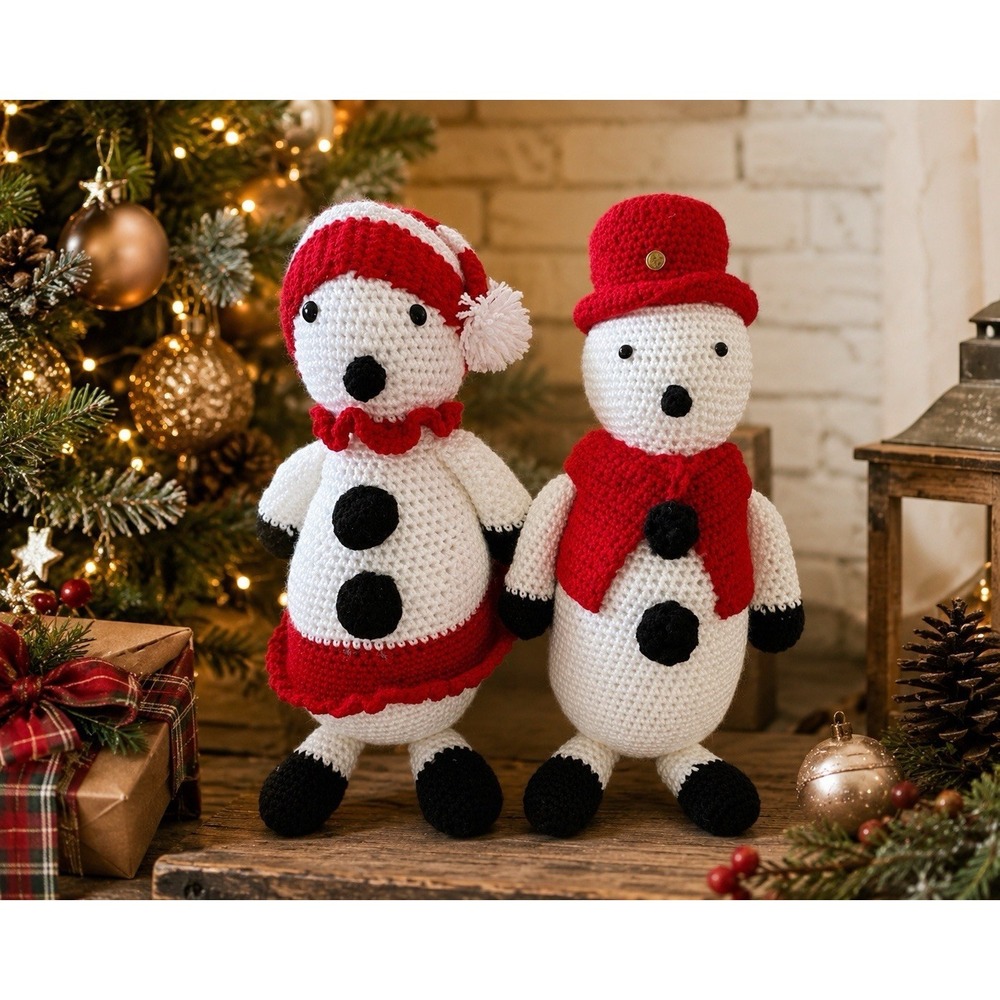 Crochet Snowman Pair Amigurumi Handmade Christmas Decor Winter Holiday Gift 21"